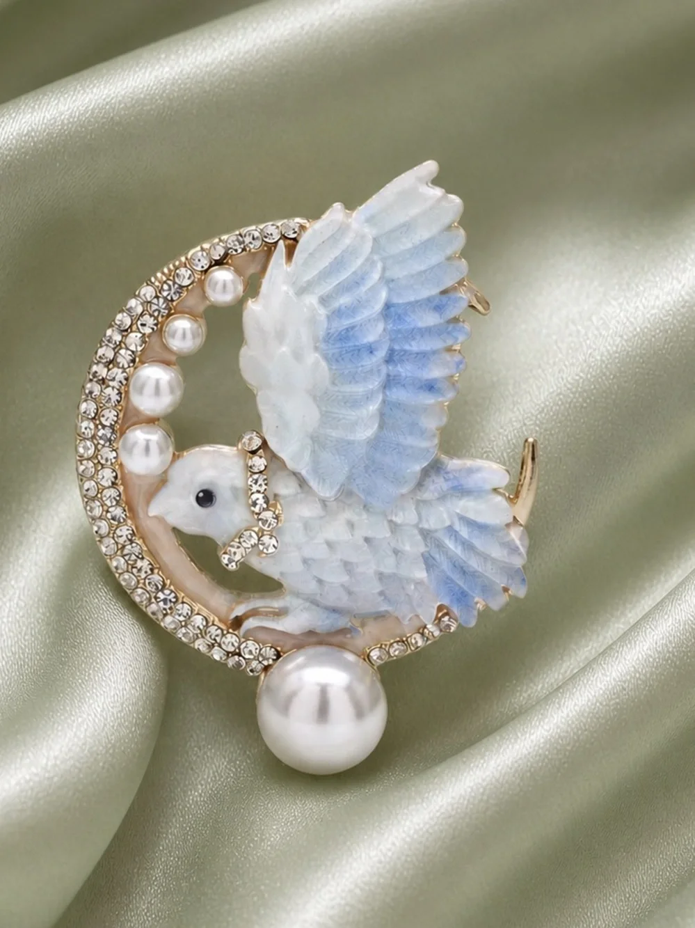 Celestial White Blue Bird Pearl Crystal Brooch